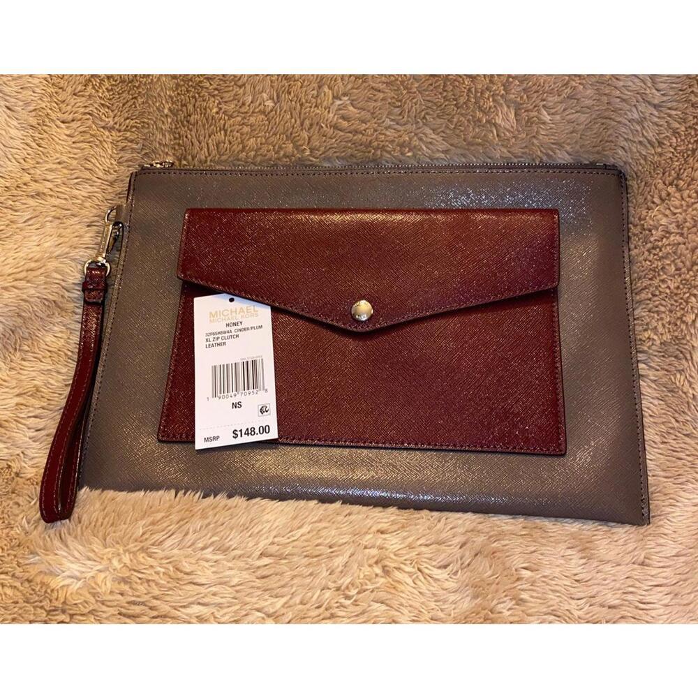 Michael Kors‎ Honey XL Zip Clutch Cinder Plum Saffiano Leather Wristlet